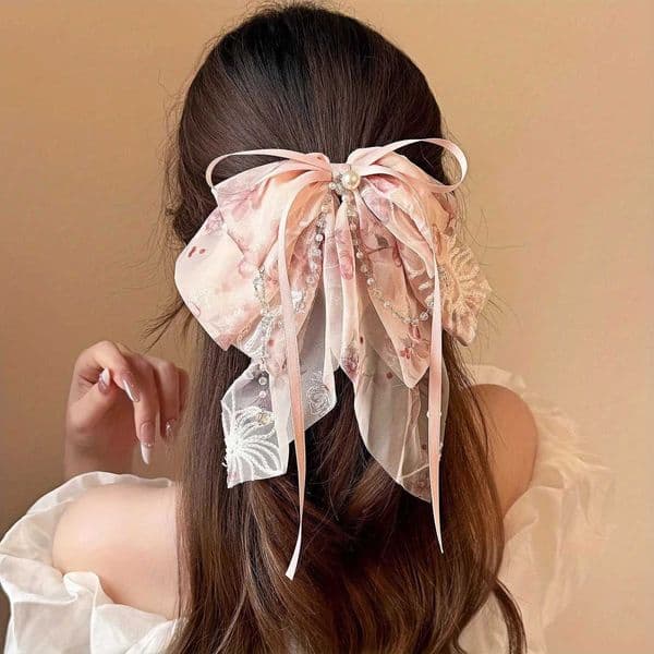 Light Luxury Mesh Floral Bow Ponytail Clip High-End Floral Embroidery Hair Clip Elegant Leaf Floral Claw Clip with Tassel M260529