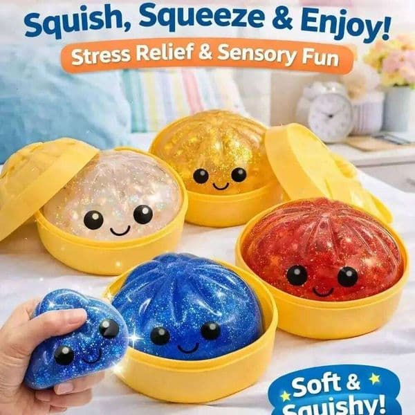 Steamed Bun Squeeze Simulation Bao Stress Relief Fidget Toy with Beads Sparkles Soft Squishy Sensory Decompression Accessory 26L0523
