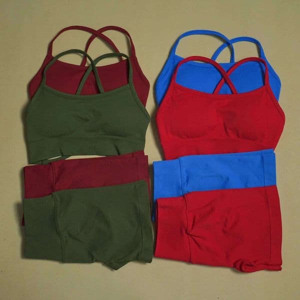 Women's Seamless 2 Piece Workout Set Lace Up Sports Bra High Waist Short Leggings Yoga Gym Running Cycling Activewear 26L0523