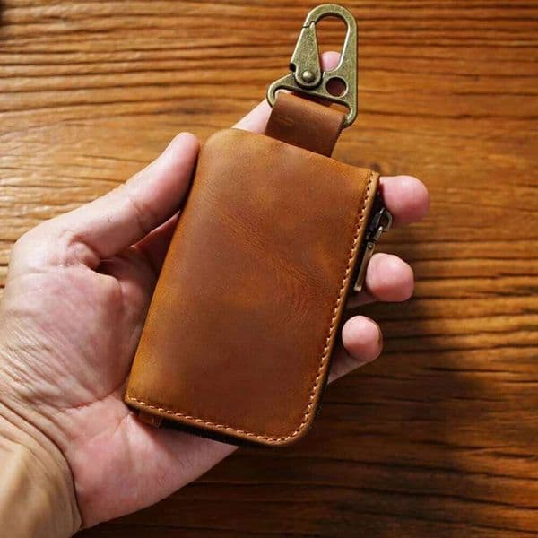 With Keychain Ring Key Holder Wallet with Carabiner Hook for Coins, Keys & Cards Mini Multi-Functional Leather Coin Purse