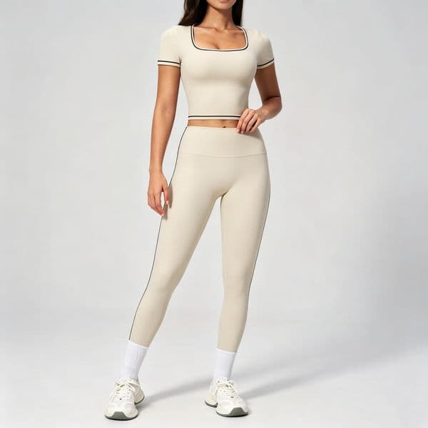 Cropped Yoga Set Short Sleeve Crop Top with High-Waisted Yoga Leggings 2-Piece Workout Outfit