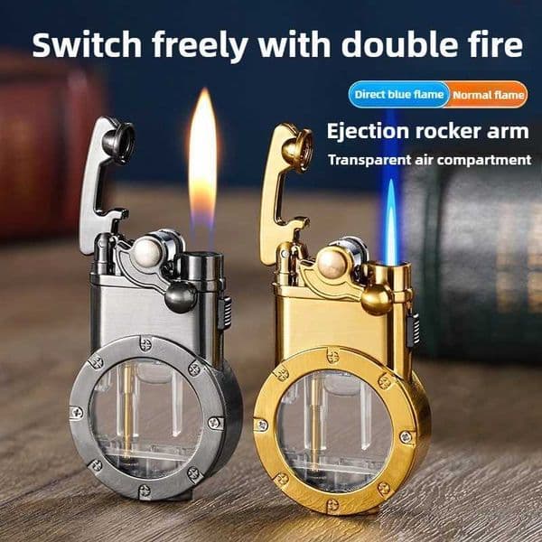 Dual Fire Conversion Windproof Lighter Transparent Rocker Arm Metal Lighter Air Window Butane Inflatable Mens GiftNo FlueL260522