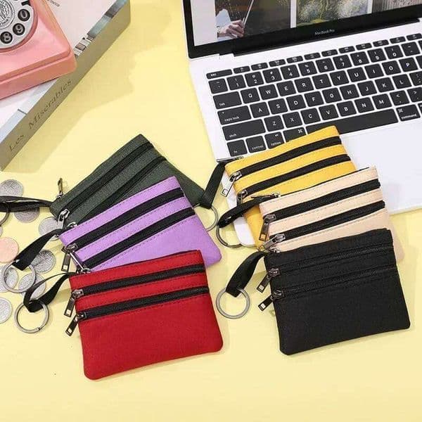 3 Zippers Canvas Purse Women's Mini Wallet Solid Change Purses With Keychain Money Bags Coin Key Storage Bag Card Holder