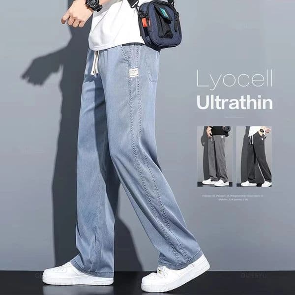 Summer Soft Lyocell Fabric Mens Jeans Thin Loose Straight Pants Drawstring Elastic Waist Korea Casual Trousers Plus Size M-5XL 260521