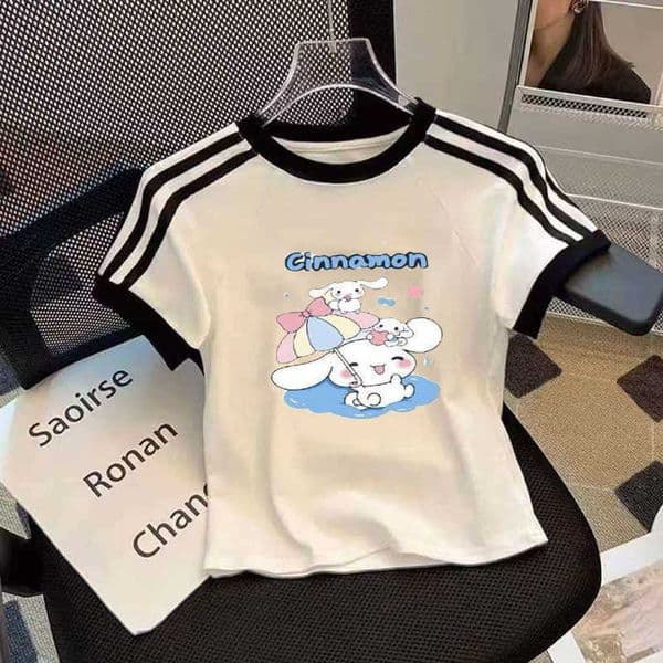 Cinnamon Dog Girls Cartoon Stylish Color-Block T-Shirt for Older Children Summer New Kuromi Three-Stripes Short-Sleeve Trendy Kids Clothing L2605217V7L