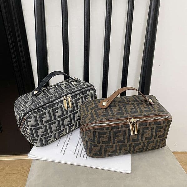 Large Capacity Travel Cosmetic Bag - Retro Geometric Letter Print Makeup Organizer with Leather Handle, Double Zipper Toiletry Pouch for Women