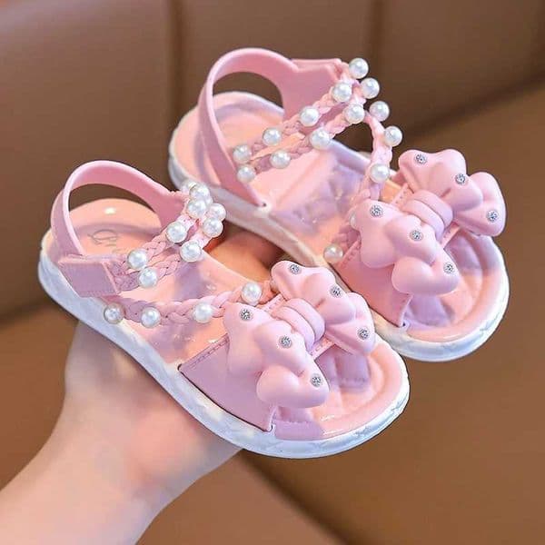 New Summer Bow Pearl Ornament Flat Sandals For Girls Aged 1-7 Children Slippers Non-slip Outdoors Seabeach Flip Flops Kids Shoes C260522