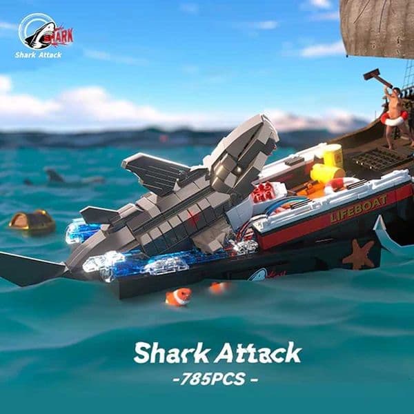 758PCS Creative Expert MOC Shark Attack Pirate Ship Scene Building Blocks Model Desktop Decor Assembly Brick Puzzle Toys GiftJ260523
