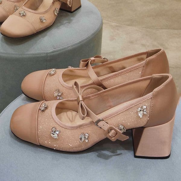 Bowknot Rhinestone Mesh High-Heeled Mary Jane Shoes for Women 2026 Summer New French Style Chunky Heel Ballet Flats X260522