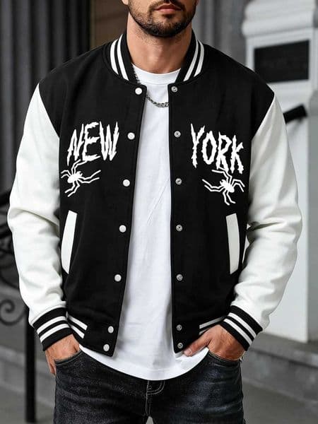New York Art Letter With Spider Printed Baseball Uniform Mens AutumnWinter Jacket Casual Basics Streetwears Comfy Vintage Tops L260520
