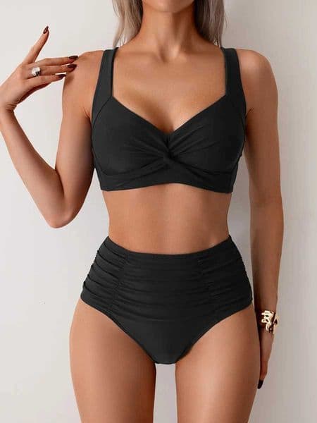 Sexy Black Two Piece Swimsuit Women Cross Pleate Push Up Padded Bikini Set Summer Bathing Suit Slim High Waist Swimwear Biquini M260522