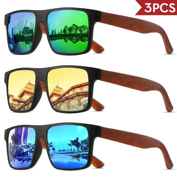 3PCS Polarized Retro Square Sunglasses - Mahogany Wood Grain Temples Spring Hinges UV400 for Driving/Travel/Outdoor260511