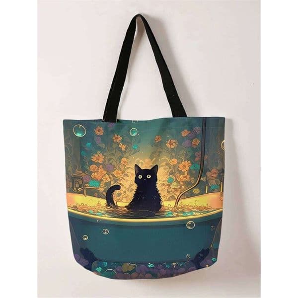 1pc,illustrated black cat reusable fashion multi-functional tote bag, printed canvas shopping bag