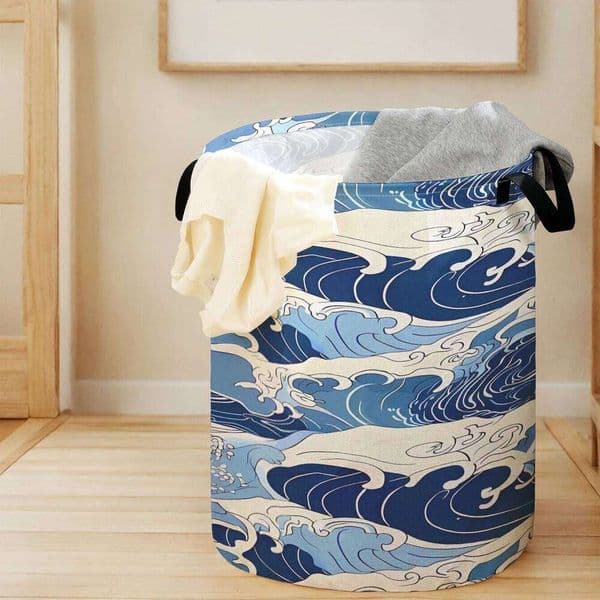 Japanese Style Ocean Wave Ukiyo-e Print Foldable Large Capacity Storage Bucket, Children's Toy and Clothing Storage, Home Bathro
