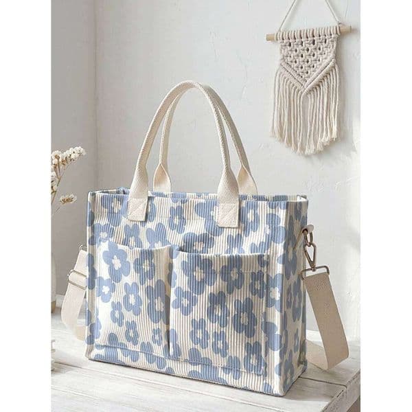 Blue Floral Print Corduroy Tote Large Capacity Multi Pocket Commuter Shoulder Bag
