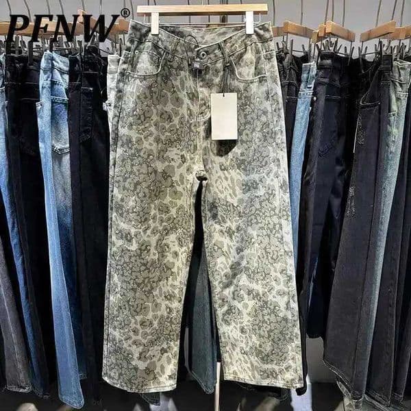 PFNW Menswear Washed Straight Pants Unisex High Street Leopard Print Loose Causal Jeans 2025 New Wide Leg Pants 28W5865 L260523