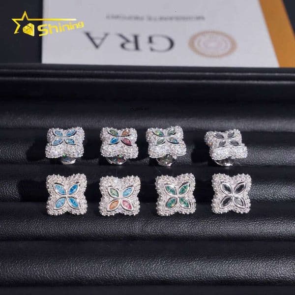 New Arrival Custom Hip-Hop Men's Ice-Cold 925 Sterling Silver Flower Multicolor Marquise 15mm VVS Moissanite Earrings