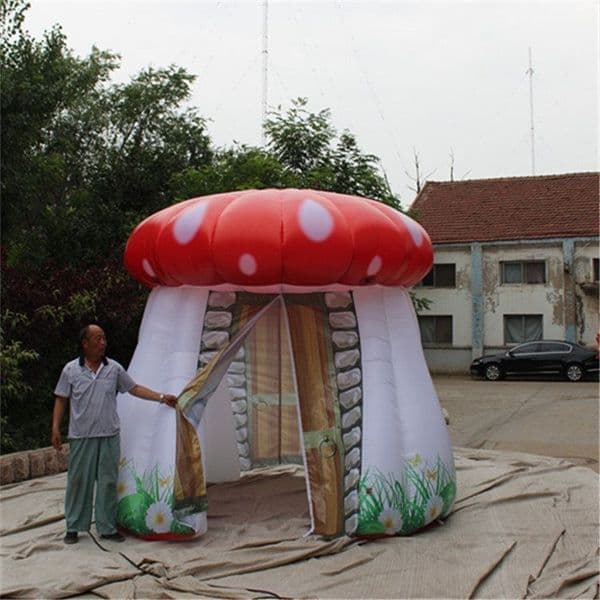 LED inflatable mushroom tent structure with integrated blower, creating unique entertainment venue features