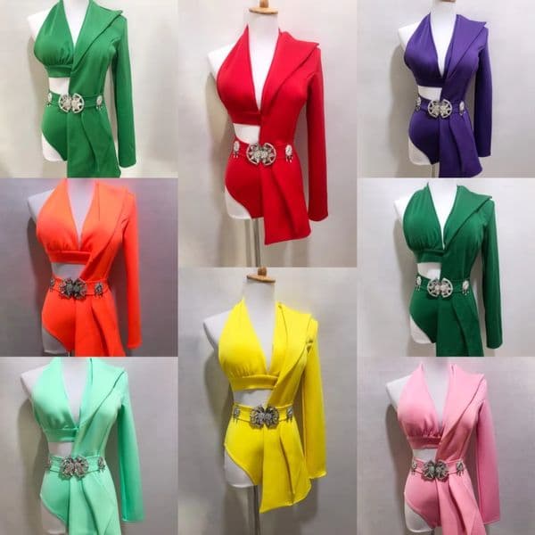 Pink Yellow Bikini Blazers 3 Pieces Set Women Singer Dancer Sexy Stage Wear Modern Jazz Dance Outfit Carnival Party Show Performance Costume