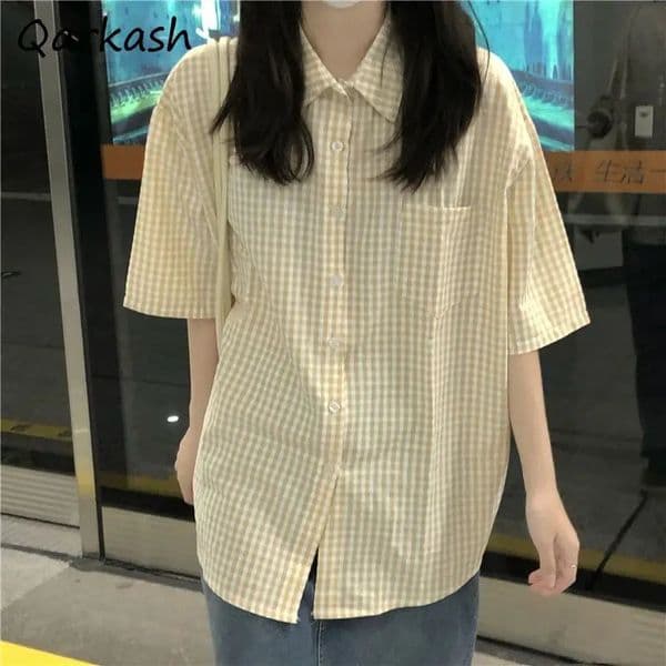 Plaid Shirts for Women Youthful Commuting Fresh Pocket Summer Short Sleeve Tops Tender Hipster Vintage American Style All-match 260522