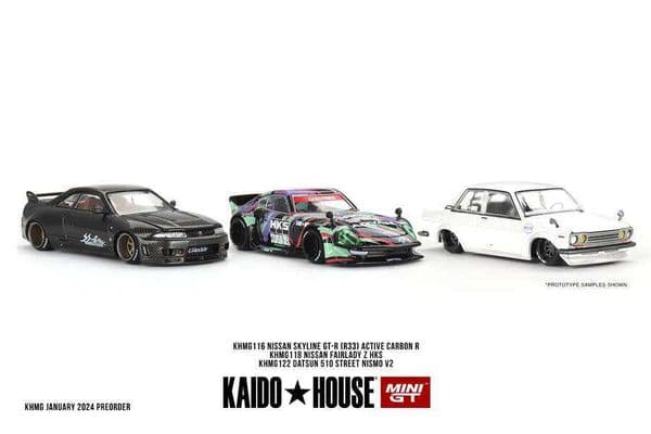 Kaido House + MINIGT Nissan Skyline GT-R (R33) Active Carbon R KHMG116 Car Diecast Vehicle Model Toy 26L0525