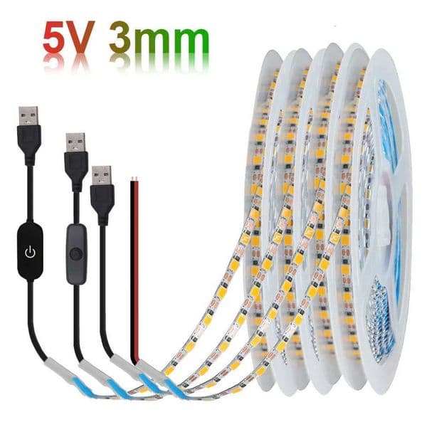 LED Strip Light 5V USB 3mm PCB Ultra Thin 2835 120LED/m Dimmable Flexible Led Tape Warm Natural White 05m 1m 5m Home DecorationR260525