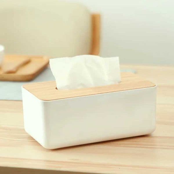 Standard Size White Tissue Box with Natural Bamboo Top Rectangular Napkin Dispenser for Home Hotel Office Table Decor R260525