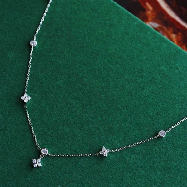 S925 Sterling Silver Jewelry Zircon Clover Pendant Necklace Four-leaf Gold Plated Chain Necklace 43D1