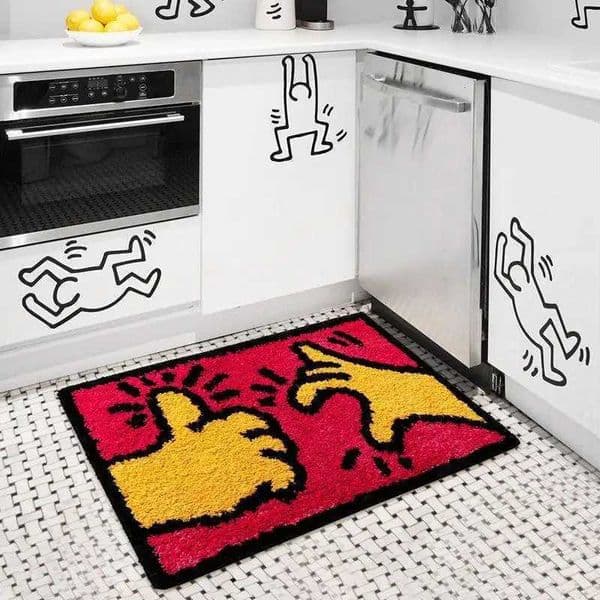 VIKAMA Retro American Kitchen Mat Red Yellow Palm Print Slip-Resistant Mat Easy-Clean Open Kitchen Decor W260525