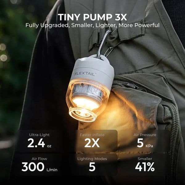 FLEXTAIL TINY PUMP 3X - 5kPa Ultra-Light Portable Air Pump, 5-Mode Camping Light, Multi-Use for Camping, Travel & Water Sports ddmynov