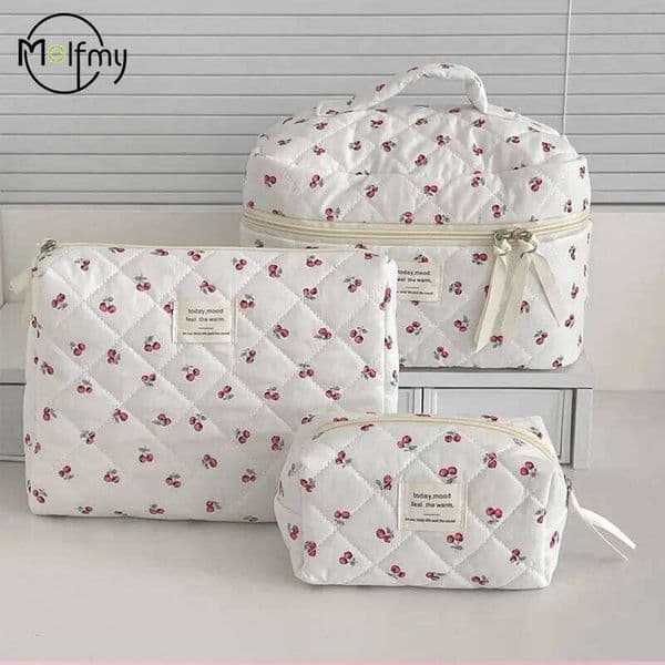 Cherry Makeup Bag Women's Bags Fashion Portable Cute Cosmetic Travel Storage Pouch Handbag Cotton Quilted Zipper Purse