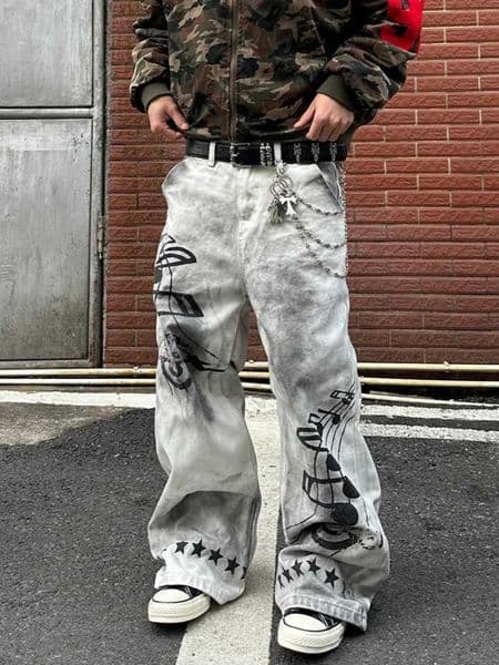 2025 American Retro Y2K Style Dirty Washed White Baggy Jeans Pants For Men Clothing Star Printed Straight Cotton Long Trousers M260525
