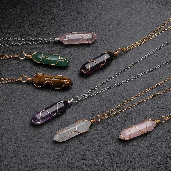 Hexagonal Natural Stone Pendant Necklace for Women Men Wire Wrap Bullet Crystal Necklace Amethyst Pink Quartz Fashion Jewelry Z260525