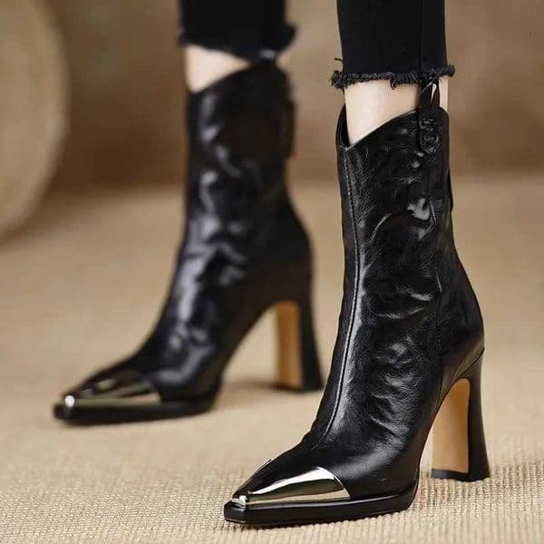 2024 New Metal Square Toe Ankle Boots for Women Fashion Patent Leather Womens Shoes Botas Mujer High Heels Shoes Women ZapatosR260525