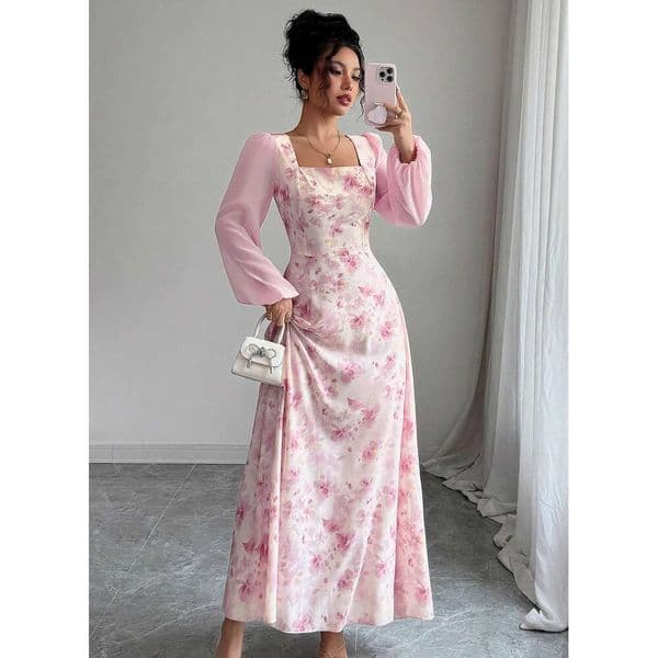 Lady's Romantic Floral Long Dress, Long-sleeved Puff-sleeved Fitted Dress Dresses For Woman Designer