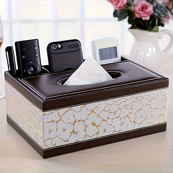 Elegant Faux Leather Tissue Box Cover with Remote Holder - Stylish Living Room Decor Desktop Storage OrganizerJ260525