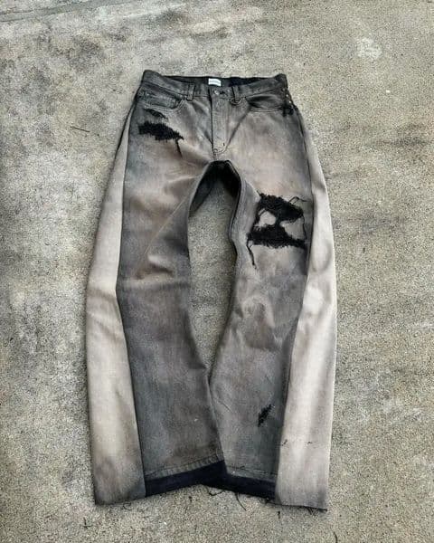 American Hip Hop Mens Jeans High Waist Frayed Patchwork Embroidery Micro Flared Spring Street Clothing Loose Floor Pants 260521