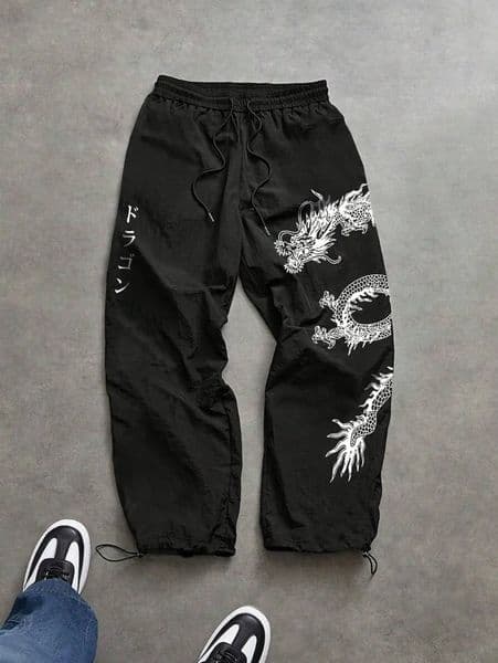 Mens Spring Summer Dragon Print Baggy Nylon Pants Streetwear Joggers for Gym Workout Casual Daily Wear Black Blue 260521