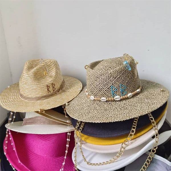 White straw pearl chain DIY flat top new Korean elastic ribbon beach candy color sun hat ddmynov