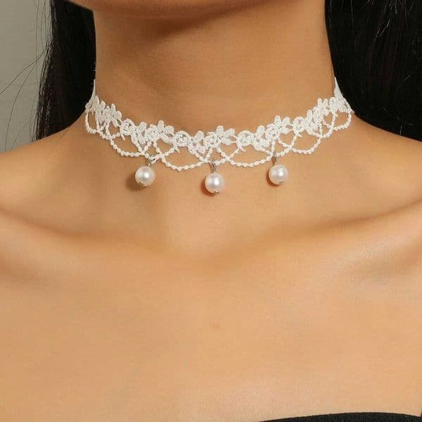 Bohemia Elegant Vintage Imitation Pearl White Lace Statement Choker Necklaces Bridal 2022 Fashion Jewelry For Women Wedding Gift L260525