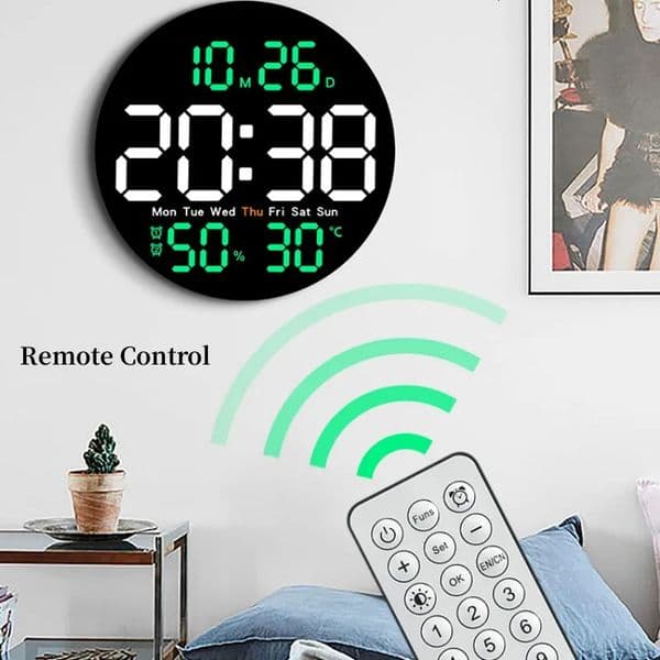 10 Inch Remote Control Digital Wall Clock Temperature Humidity Date Week Timing Countdown 2 Alarm Auto Dimmer LED Alarm Clock 260525