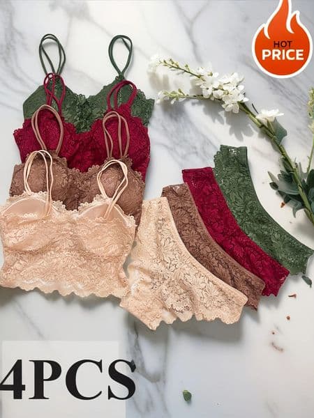 4pcs WomenS Sexy Lace Bra Panty Set Breathable Comfortable Removable Stretchy Lingerie 260521
