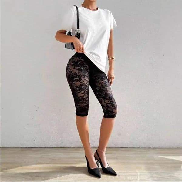 Black Lace Leggings Womens Sensual HighWaisted Sheer Cropped Trousers LaceUp Holiday Casual Base Layer 260521