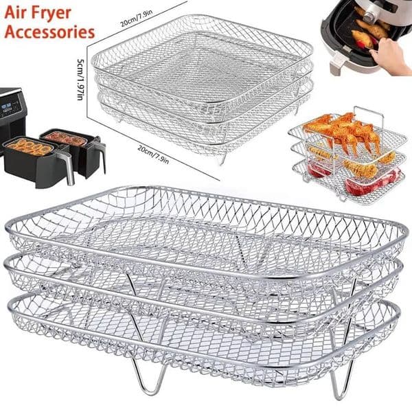 1Pc Air Fryer Stackable Grilling Stainless Steel Grill Non-Stick Airfryer Tray Wire Rack Basket Kitchen Gadgets ddmynov