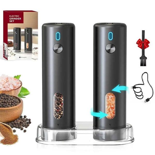 Electric Salt and Pepper Grinder Set Rechargeable Automatic Pepper Mill Adjustable Coarseness with LED Light and Storage Base L260526