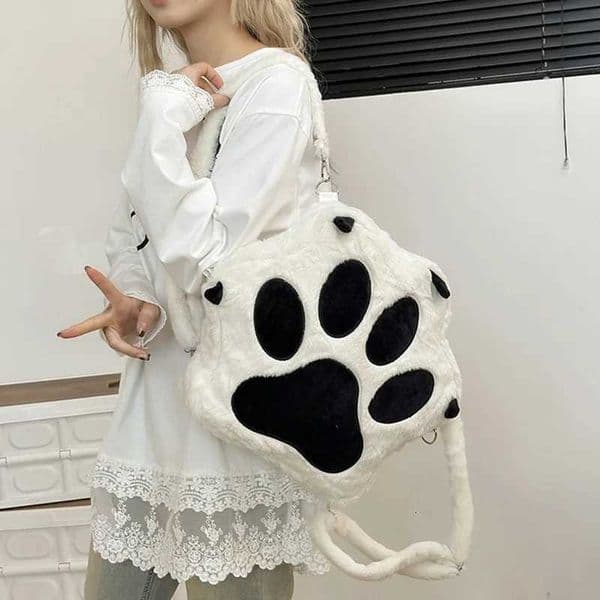 Kawaii White Puppy Cat Paw Plush Backpack Adjustable Straps Funny Dog Big Capacity Soft Stuffed Animals Bags for Girls Women M260525