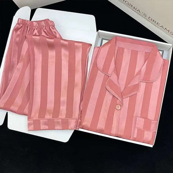 2026 New High Quality Striped Spring And Autumn Slumber Trouser Thin Open Collar Wool Sweater For Womens Pink Satin Silk Sleepwear 250321 8E