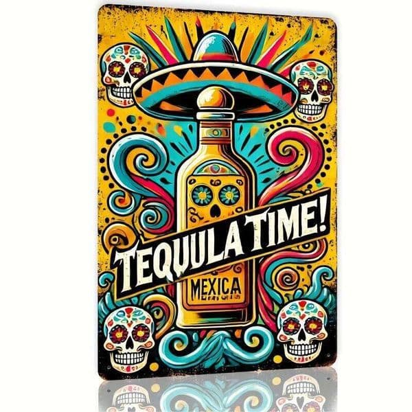"Mexican Tequila Time" Retro Wall Art Sign - Vibrant Day of the Dead Design, Durable Metal Decor for Home, Kitchen, Dining Room 26Y0526