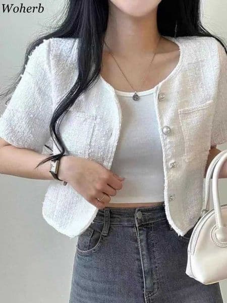 Temperament Ladies Cropped Tops Jackets for Women 2026 Ropa Mujer O-neck Short Sleeve Coat Korean Fashion Vintage Elegant Coats M260525
