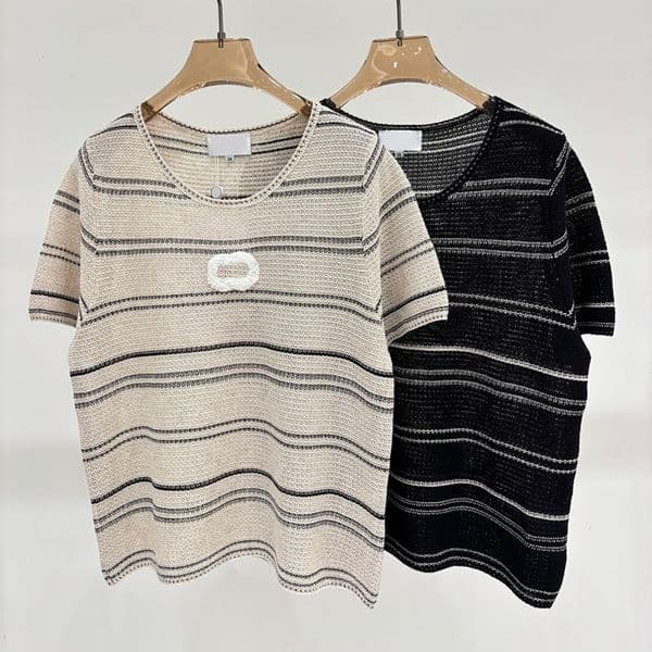 Designer Women Striped Knit Pullovers Casual Short Sleeve Knitwear Summer Vacation Party Classic Knitted Tee